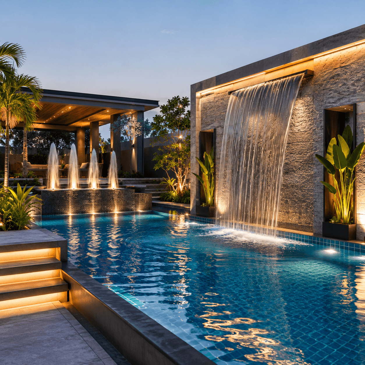 Custom swimming pool with fountain and waterfall
