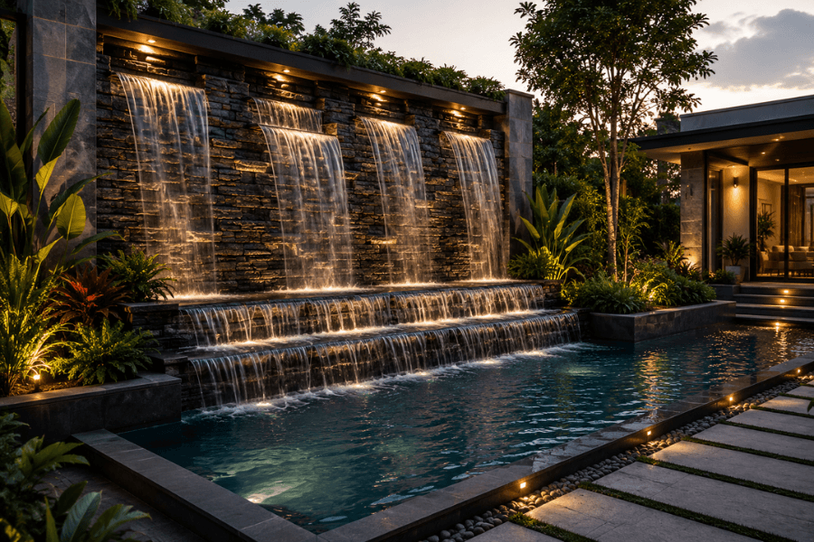Luxury outdoor waterfall feature in a modern residential landscape