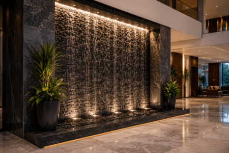 Contemporary indoor waterfall wall in a premium commercial lobby