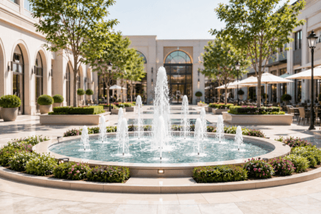 Elegant decorative fountain in a modern commercial plaza