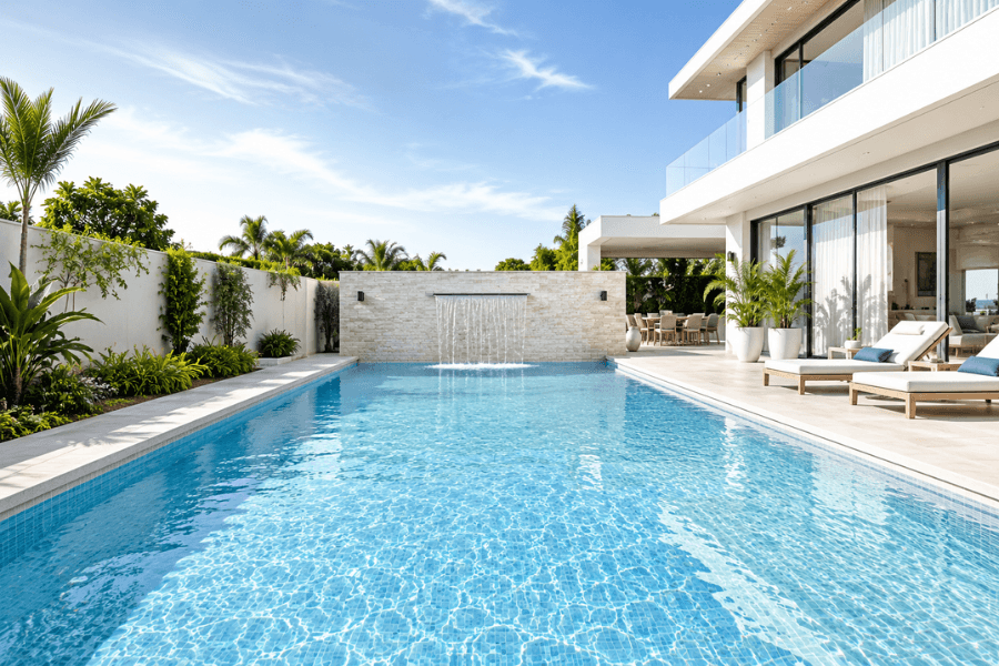 Modern luxury swimming pool with custom waterfall feature