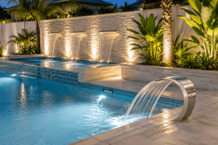 Premium swimming pool with decorative waterfall and lighting