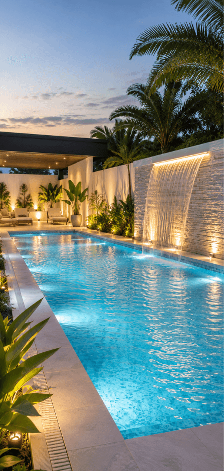 Renovated luxury swimming pool with modern water features
