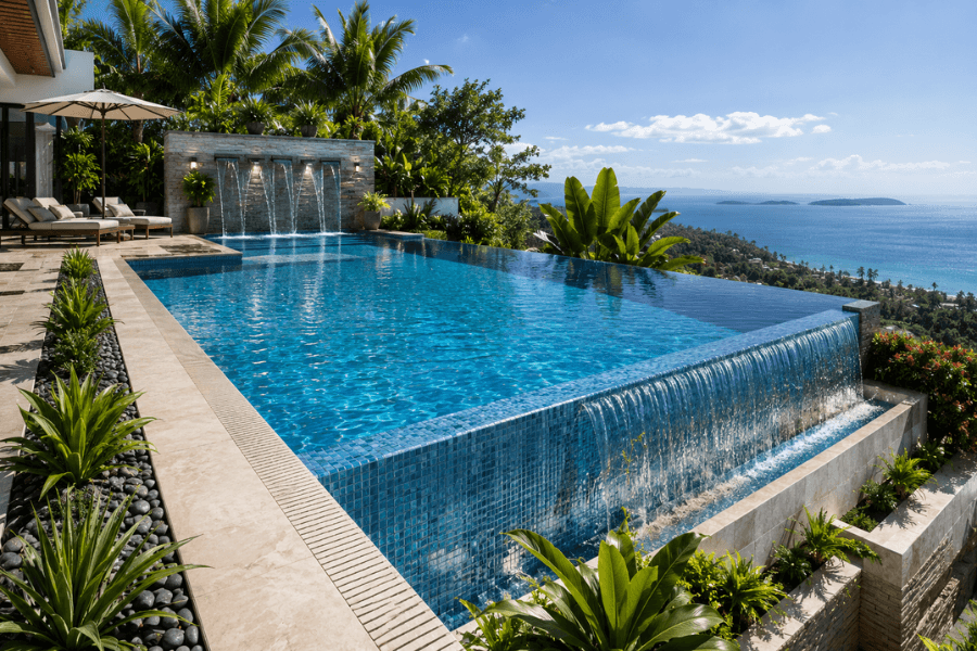 Luxury infinity swimming pool with modern water feature